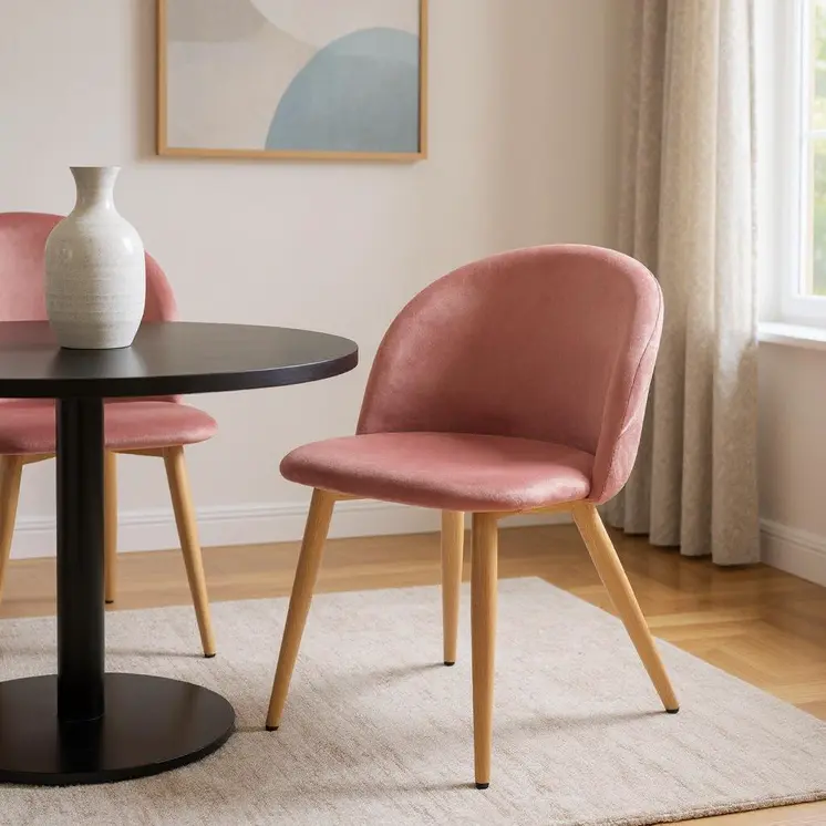 Pink and Oak Upholstered Velvet Dining Side Chair