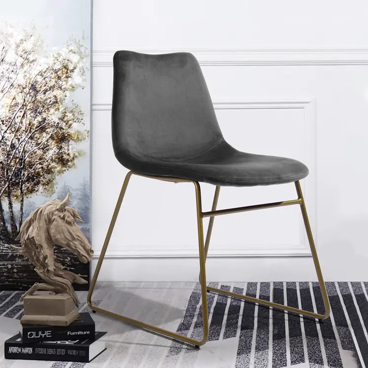 Set of Two Dark Green and Gold Upholstered Velvet Dining Side Chairs