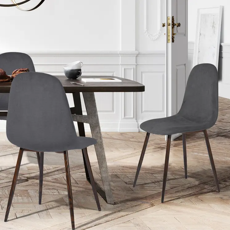 Set of Four Gray and Brown Upholstered Fabric Dining Side Chairs
