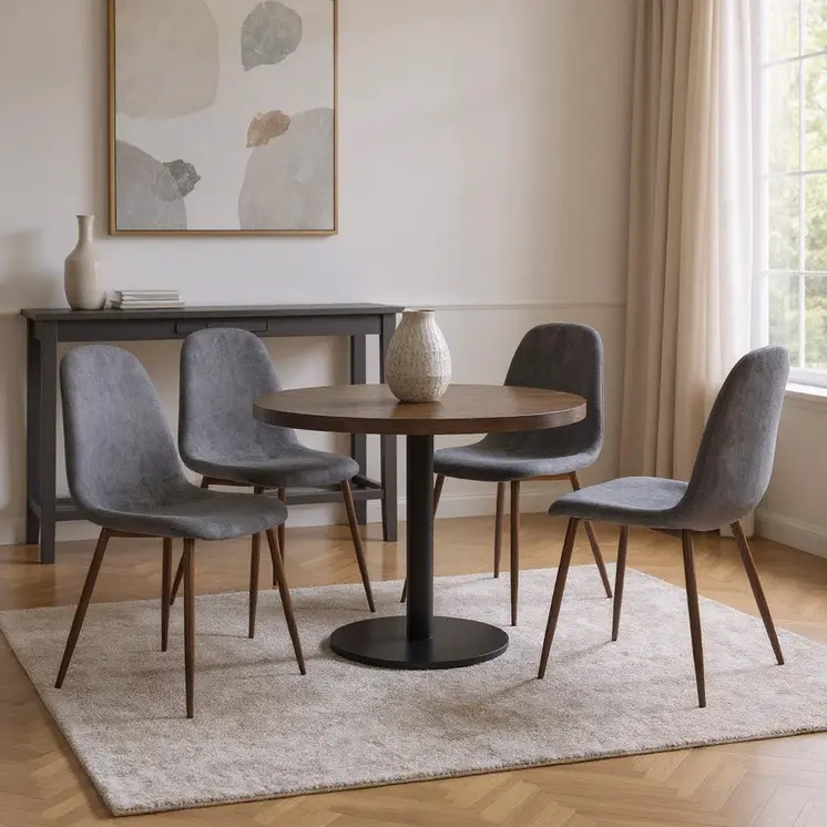 Set of Four Gray and Brown Upholstered Fabric Dining Side Chairs