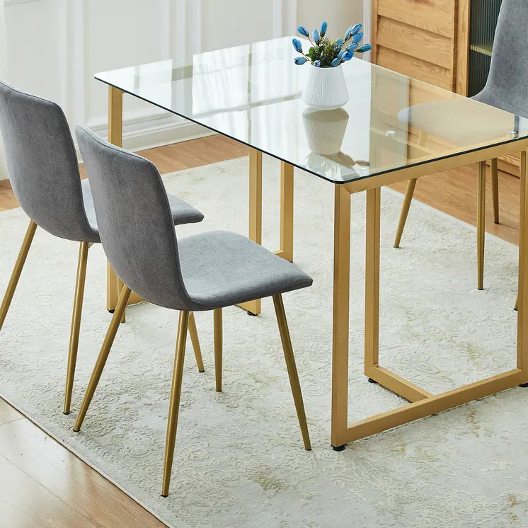 Set of Four Dark Gray and Gold Upholstered Fabric Dining Side Chairs