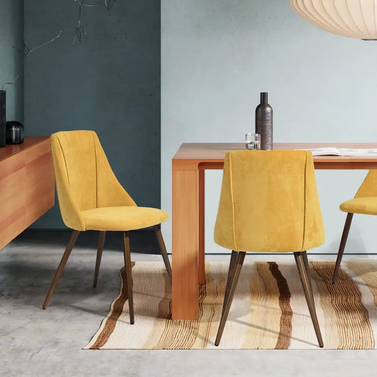 Set of Two Yellow and Brown Upholstered Fabric Dining Side Chairs