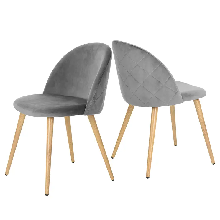 Set of Two Gray and Oak Upholstered Velvet Dining Side Chairs
