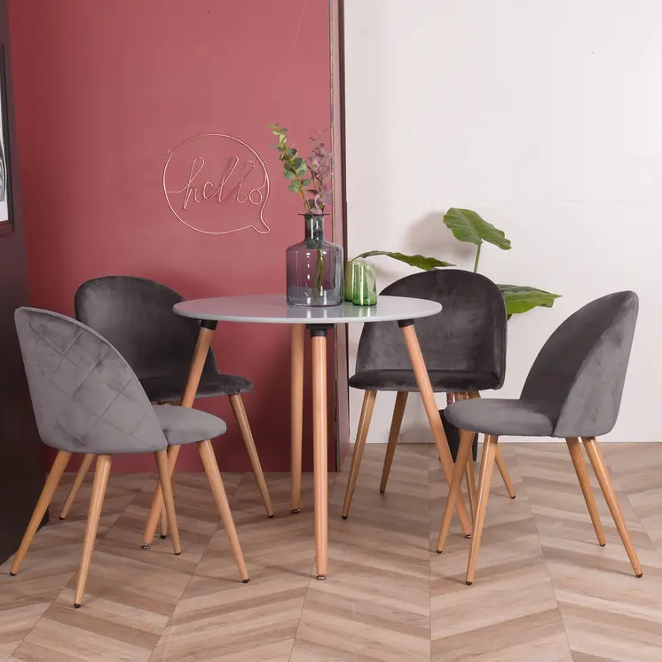 Set of Two Gray and Oak Upholstered Velvet Dining Side Chairs