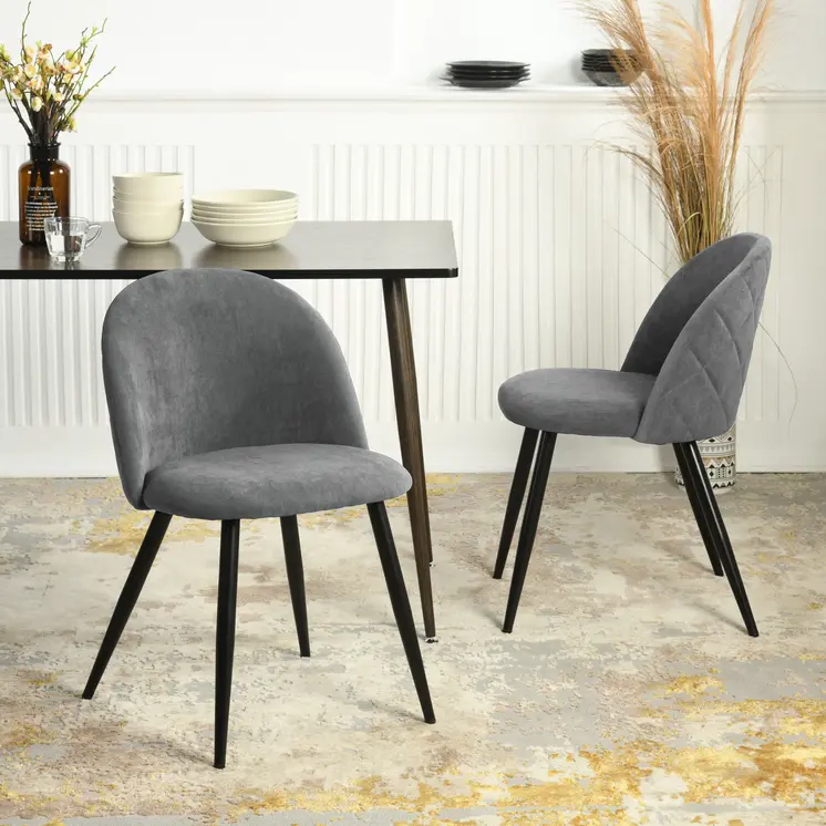 Set of Two Gray and Black Upholstered Fabric Dining Side Chairs