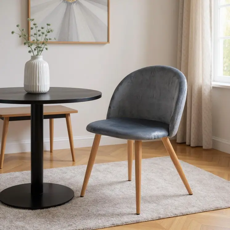 Charcoal and Oak Upholstered Velvet Dining Side Chair