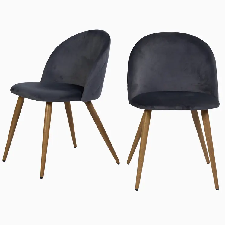 Set of Two Charcoal and Brown Upholstered Velvet Dining Side Chairs