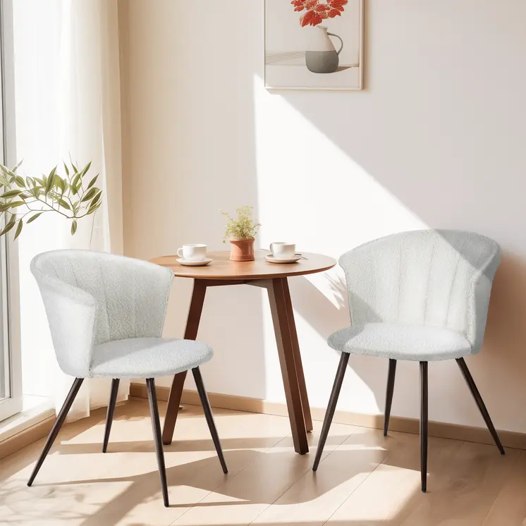 Set of Two Beige and Walnut Upholstered Fabric Dining Side Chairs