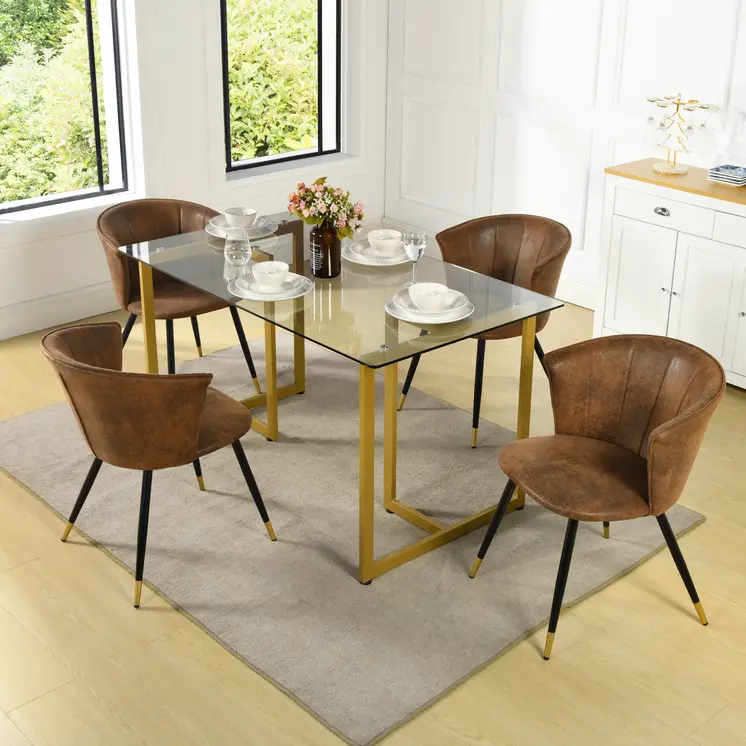 Set of Two Brown Black and Gold Upholstered Suede Dining Side Chairs