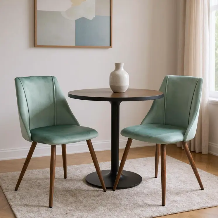 Set of Two Sage and Brown Upholstered Velvet Dining Side Chairs