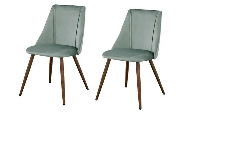 Set of Two Sage and Brown Upholstered Velvet Dining Side Chairs