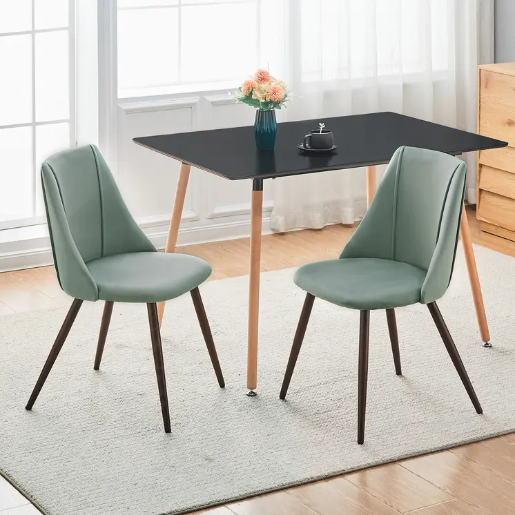 Set of Two Sage and Brown Upholstered Velvet Dining Side Chairs