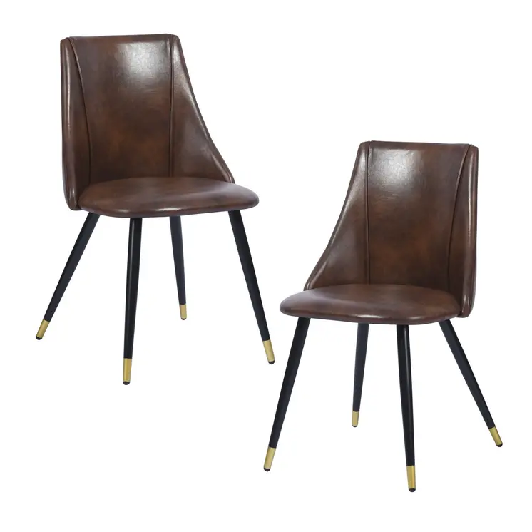 Set of Two Dark Brown Black and Gold Upholstered Faux Leather Dining Side Chairs