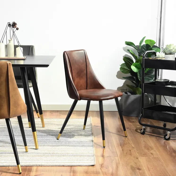 Set of Two Dark Brown Black and Gold Upholstered Faux Leather Dining Side Chairs