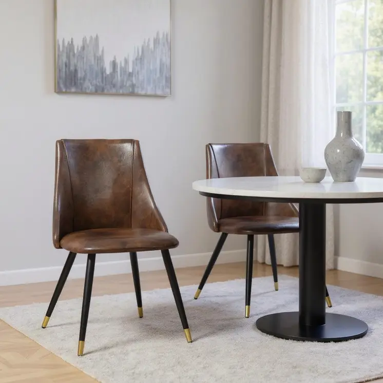 Set of Two Dark Brown Black and Gold Upholstered Faux Leather Dining Side Chairs
