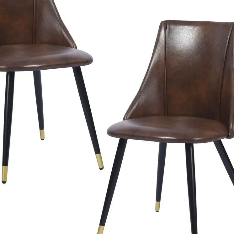 Set of Two Dark Brown Black and Gold Upholstered Faux Leather Dining Side Chairs