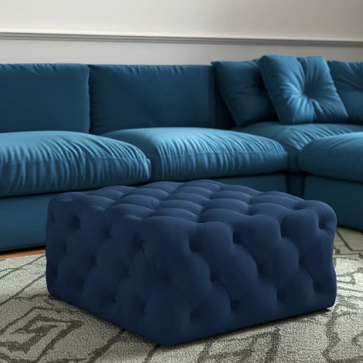 33" Navy Blue Velvet Rolling Tufted Cocktail Ottoman