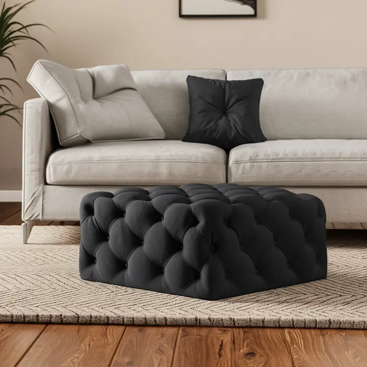 33" Black Velvet Rolling Tufted Cocktail Ottoman