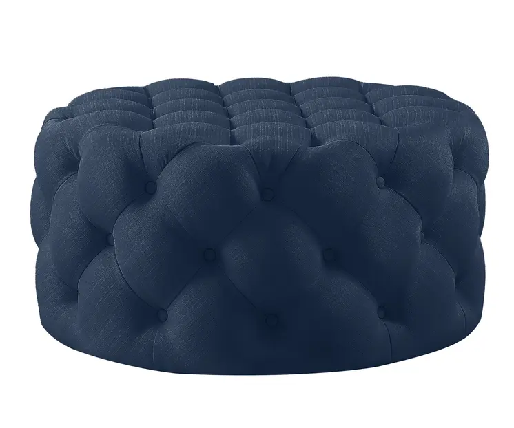 33" Navy Blue Linen Tufted Round Cocktail Ottoman