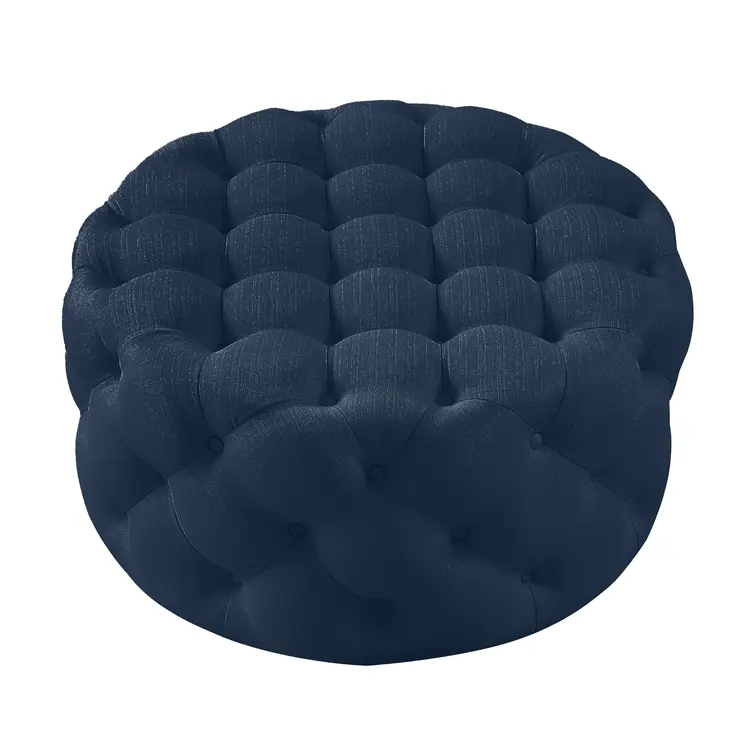 33" Navy Blue Linen Tufted Round Cocktail Ottoman
