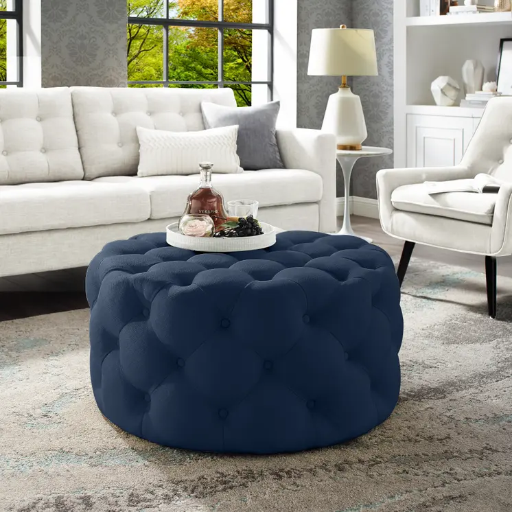 33" Navy Blue Linen Tufted Round Cocktail Ottoman