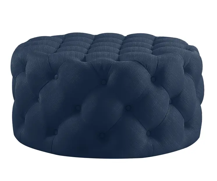 33" Navy Blue Linen Tufted Round Cocktail Ottoman