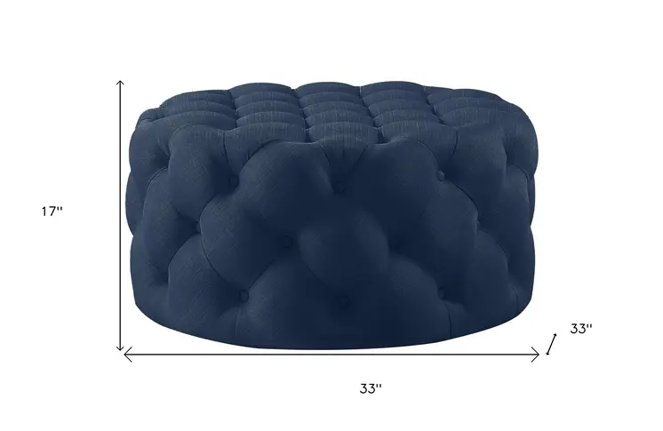 33" Navy Blue Linen Tufted Round Cocktail Ottoman