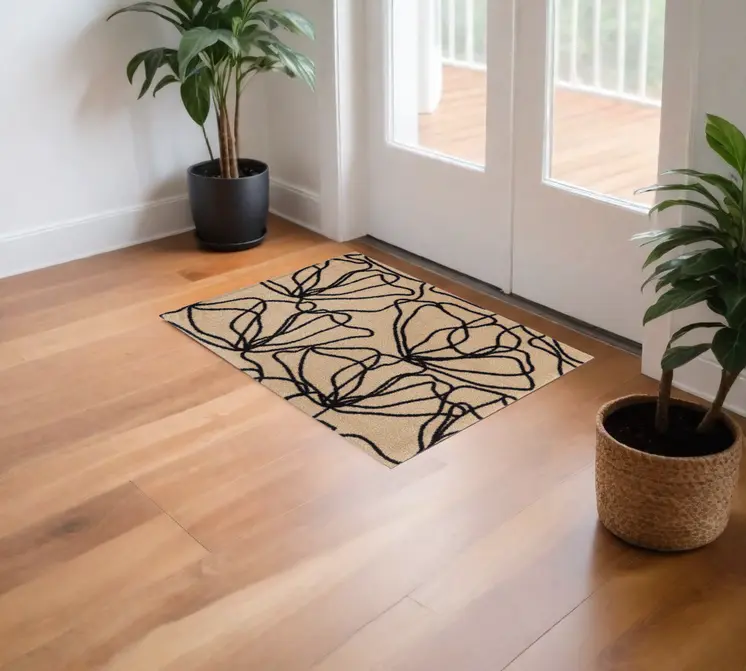 2' X 4' Black And Natural Floral Washable Area Rug With UV Protection