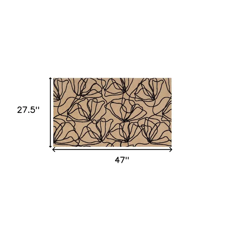 2' X 4' Black And Natural Floral Washable Area Rug With UV Protection