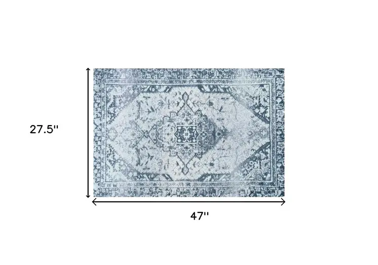 2' X 4' Blue Gray Oriental Distressed Washable Area Rug With UV Protection