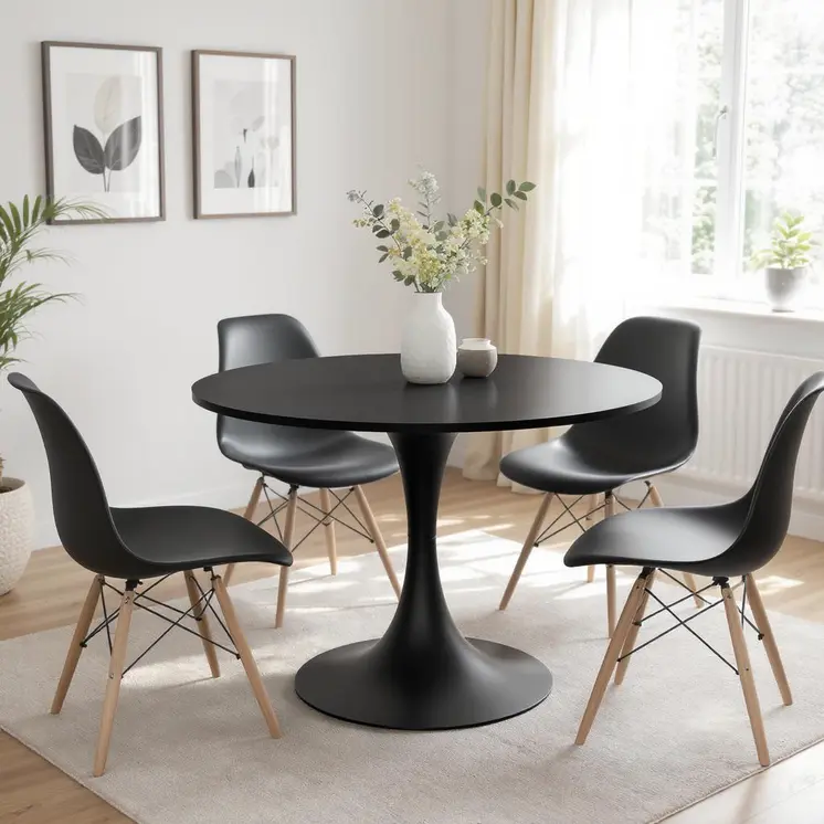32" Black Wood Pedestal Base Round Top Dining Table