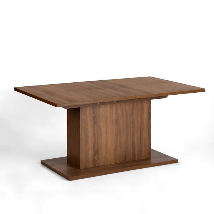 63" Brown Wood Self-Storing Leaf Pedestal Base Extendable Dining Table