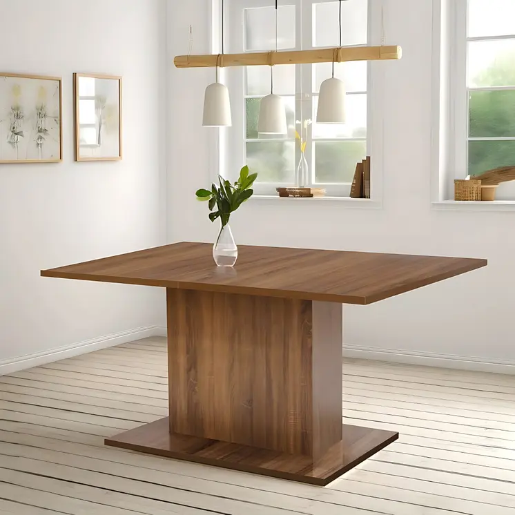 63" Brown Wood Self-Storing Leaf Pedestal Base Extendable Dining Table