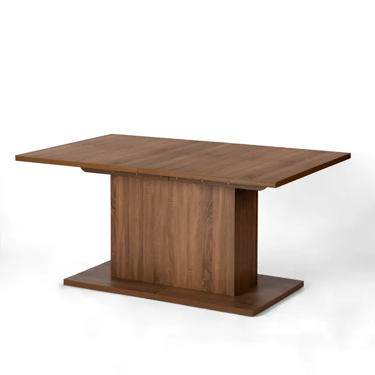 63" Brown Wood Self-Storing Leaf Pedestal Base Extendable Dining Table