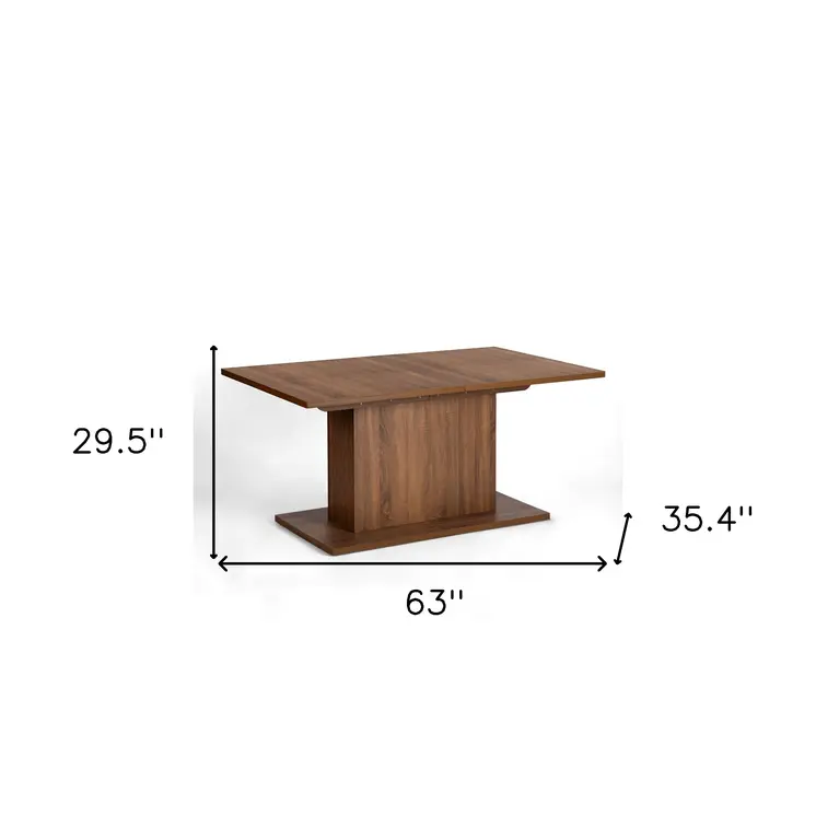 63" Brown Wood Self-Storing Leaf Pedestal Base Extendable Dining Table