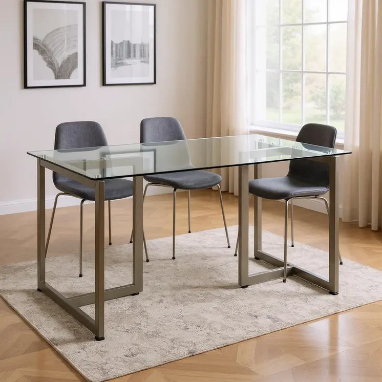47" Clear And Gold Glass And Stainless Steel Sled Base Dining Table
