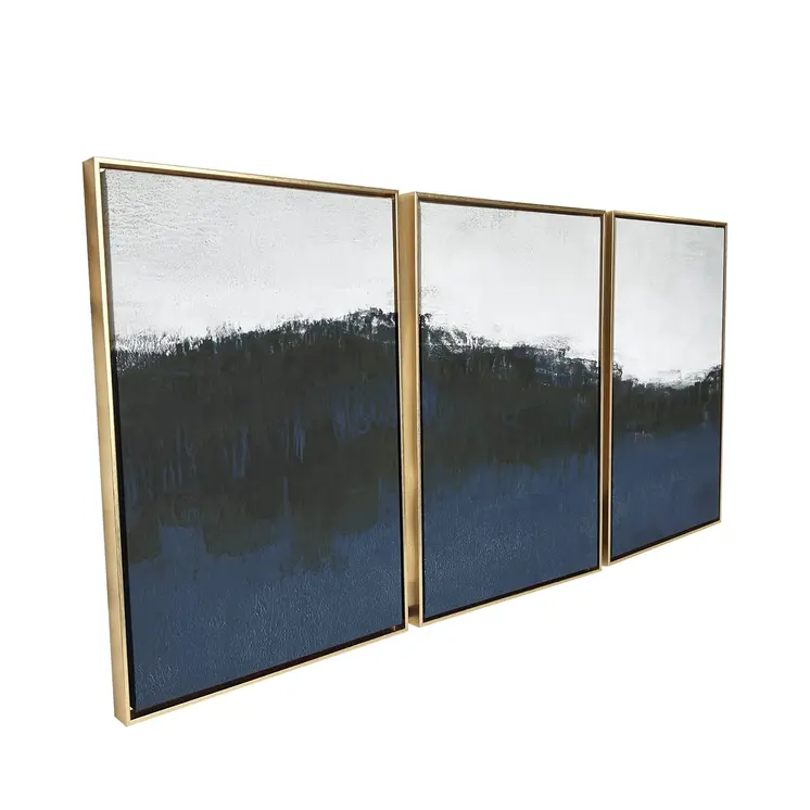 Set Of Three Sapphire Abstract Gold Floater Frame Wall Art