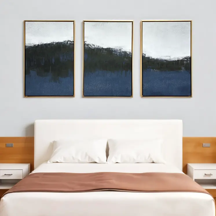 Set Of Three Sapphire Abstract Gold Floater Frame Wall Art