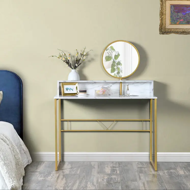 41" White And Gold Faux Marble and Steel Vanity Table with Mirror