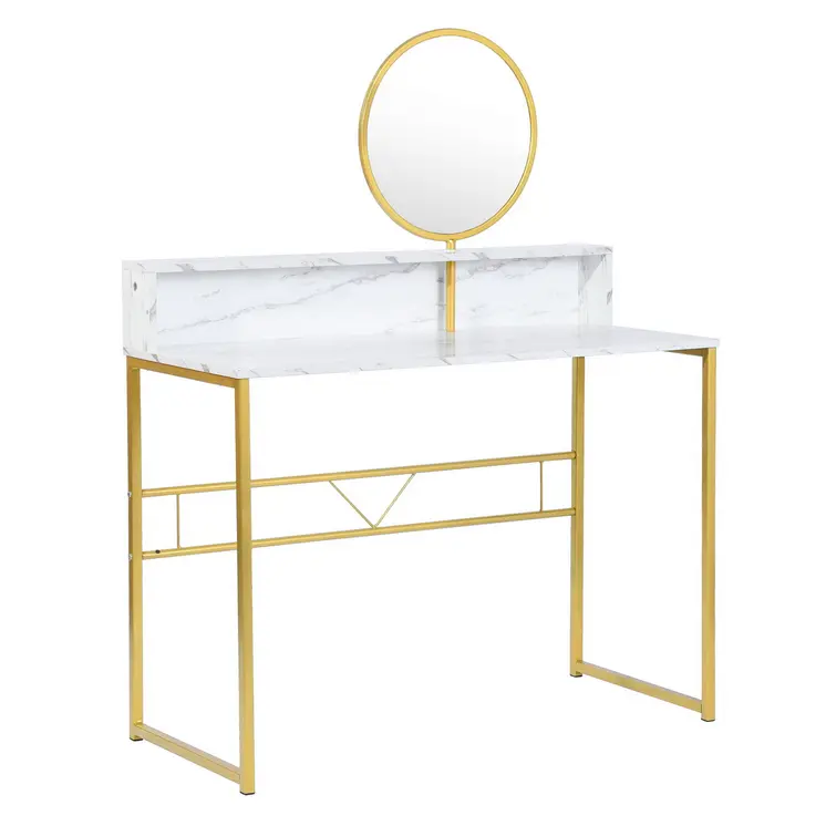 41" White And Gold Faux Marble and Steel Vanity Table with Mirror
