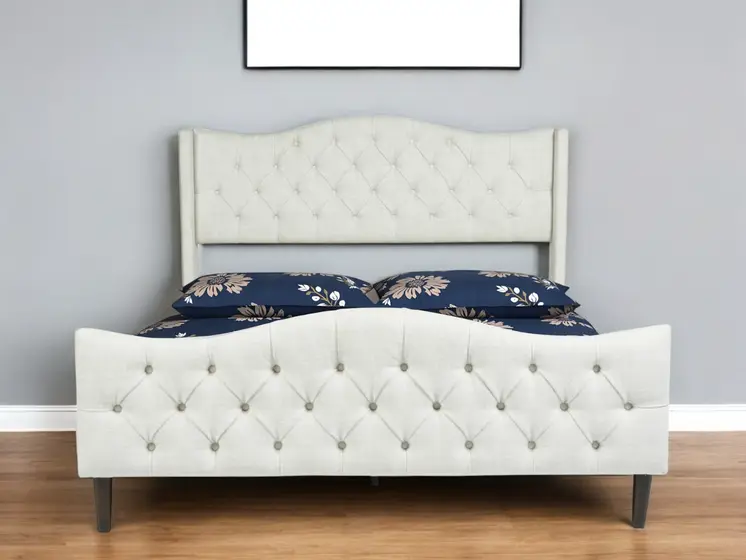 Beige Tufted Upholstery King Bed Frame