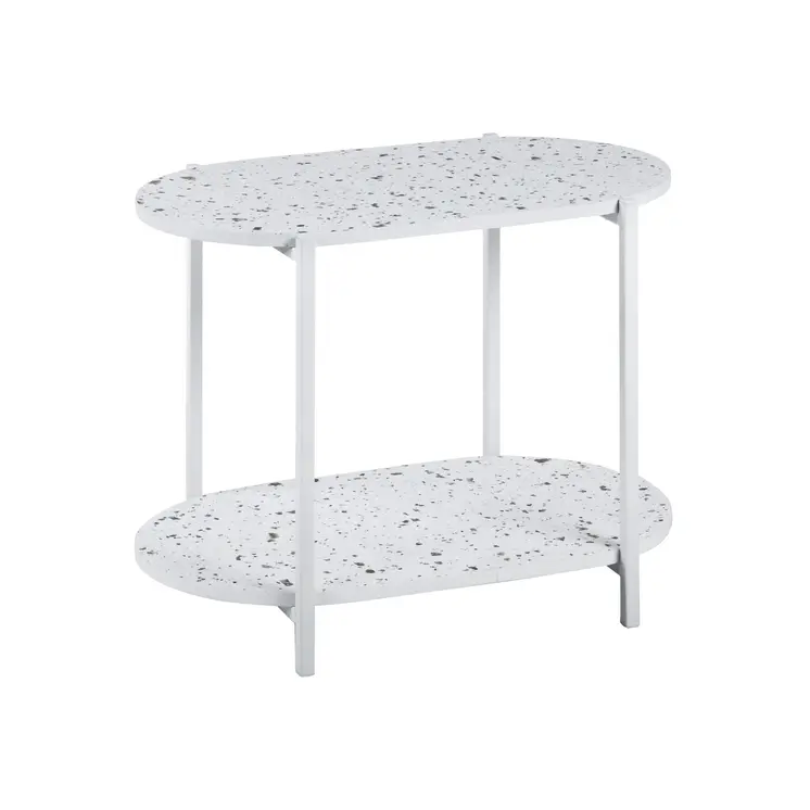 19" White And Gray Faux Terrazzo and Metal Oval End Table With Shelf