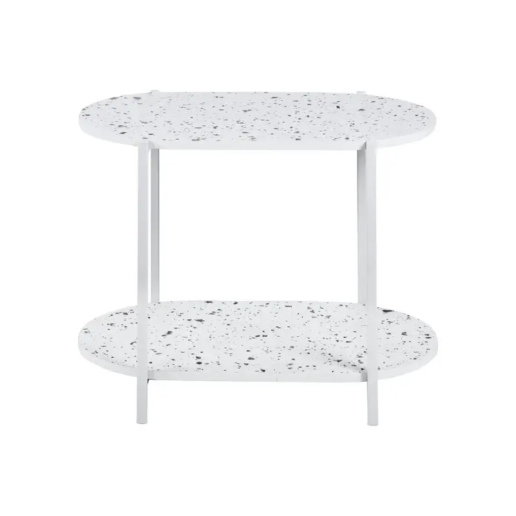 19" White And Gray Faux Terrazzo and Metal Oval End Table With Shelf