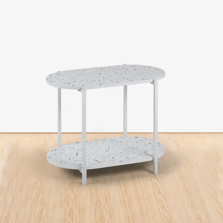 19" White And Gray Faux Terrazzo and Metal Oval End Table With Shelf