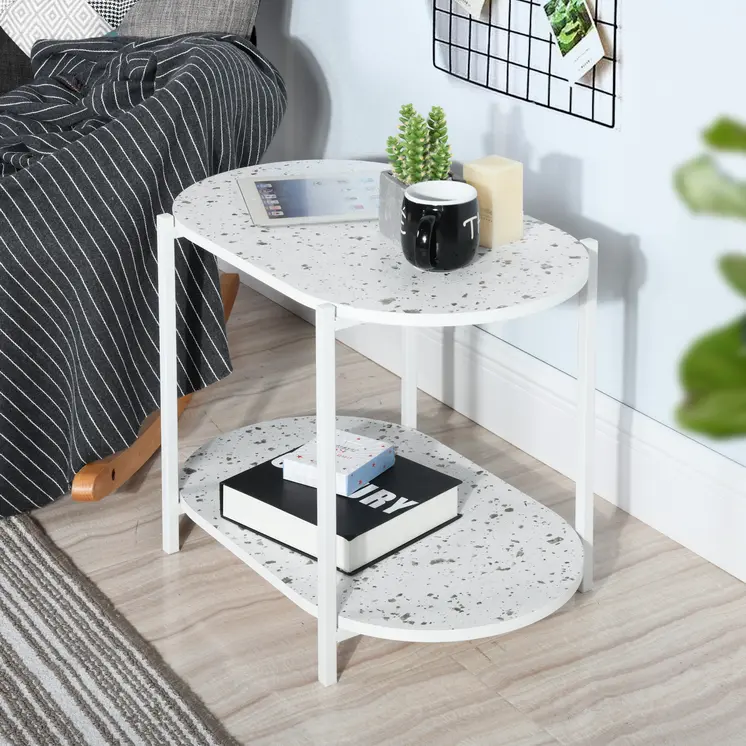 19" White And Gray Faux Terrazzo and Metal Oval End Table With Shelf