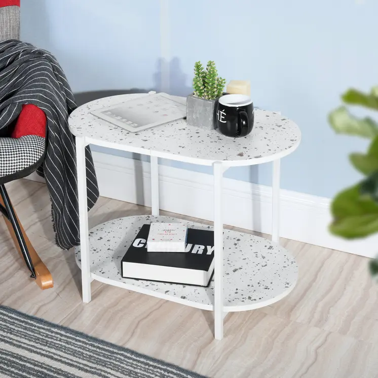 19" White And Gray Faux Terrazzo and Metal Oval End Table With Shelf