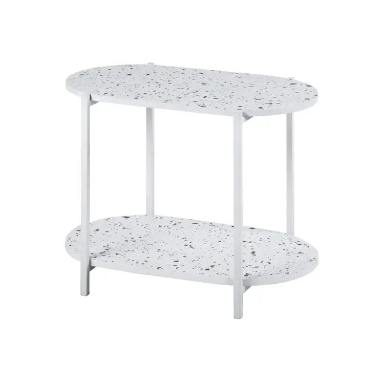 19" White And Gray Faux Terrazzo and Metal Oval End Table With Shelf