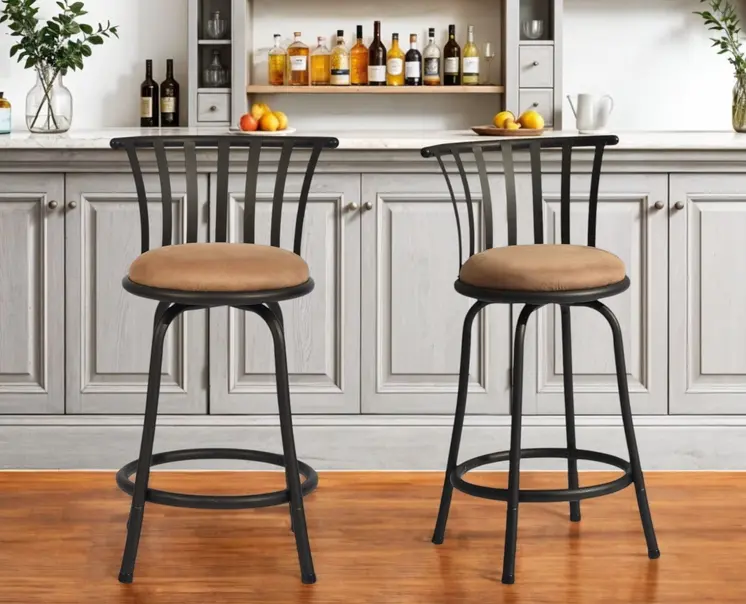 Set of Two 24" Brown and Black Microfiber and Metal Low Back Counter Height Swivel Bar Chairs