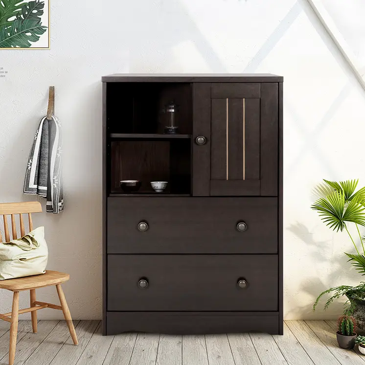 36" Dark Brown Wood Accent Cabinet With Single Door And Two Drawers