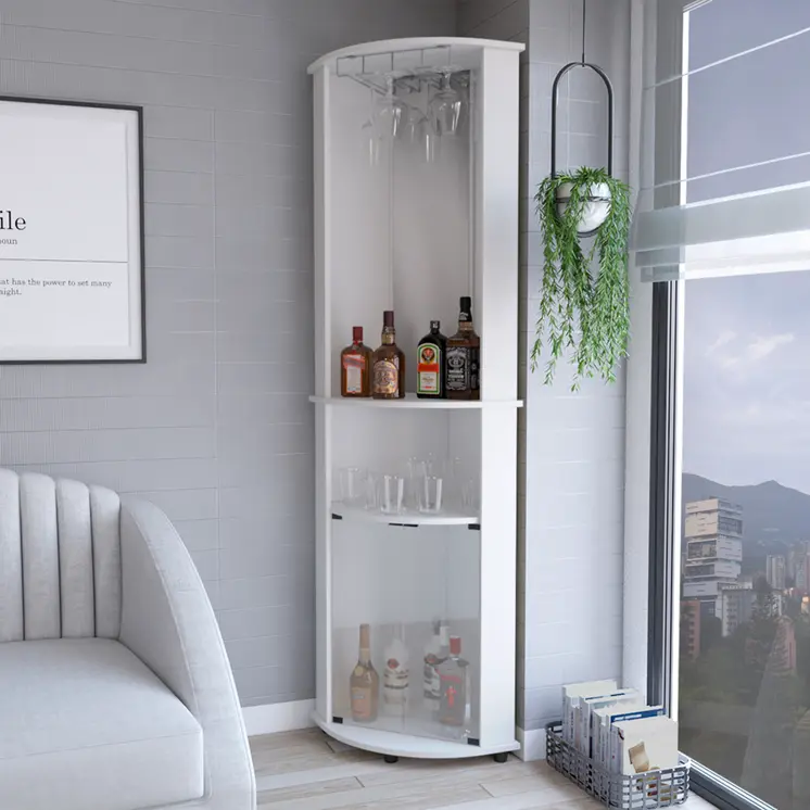 75" White Wood Corner Bar Cabinet With Three Shelves